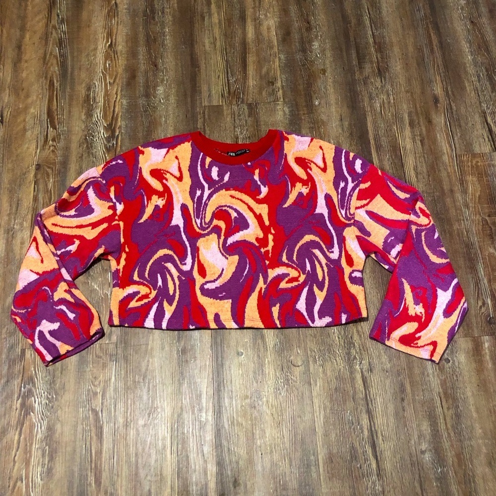 Zara Sweater Women's Medium Jacquard Knit Crop Abstract Groovy Funky Pullover